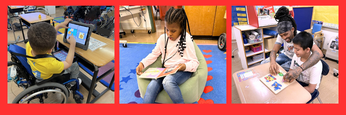 Students reading, using electronic devices and completing a puzzle